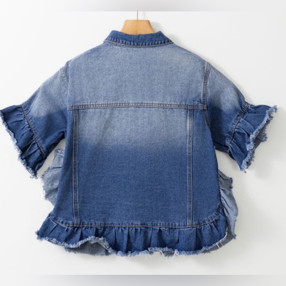 Blue Raw Edge Ruffled Short Sleeve Denim Jacket - Picture 6 of 6